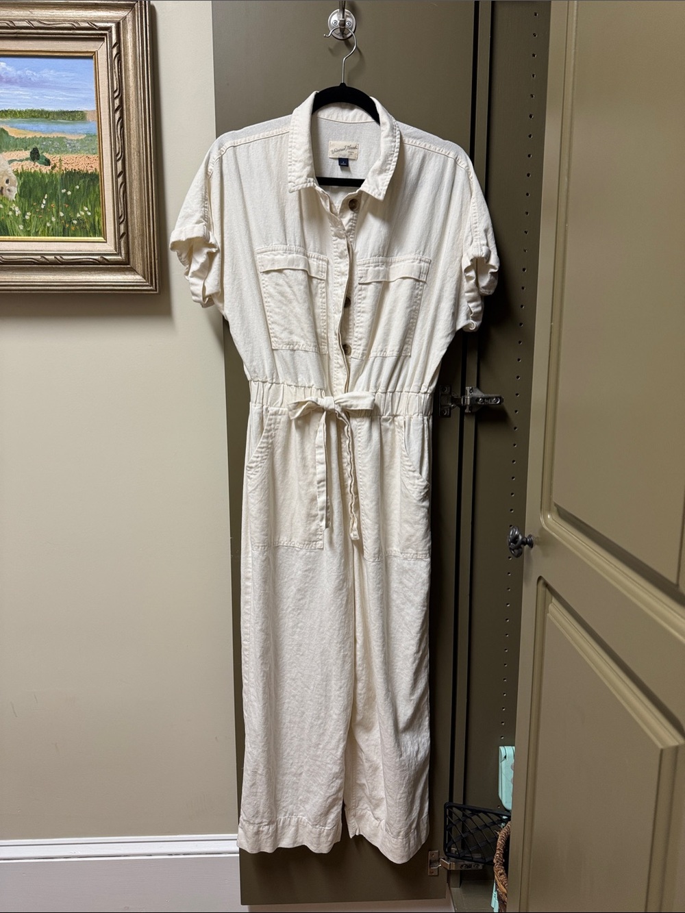 Universal Thread Cream Short-Sleeve Button-Front Midi Jumpsuit